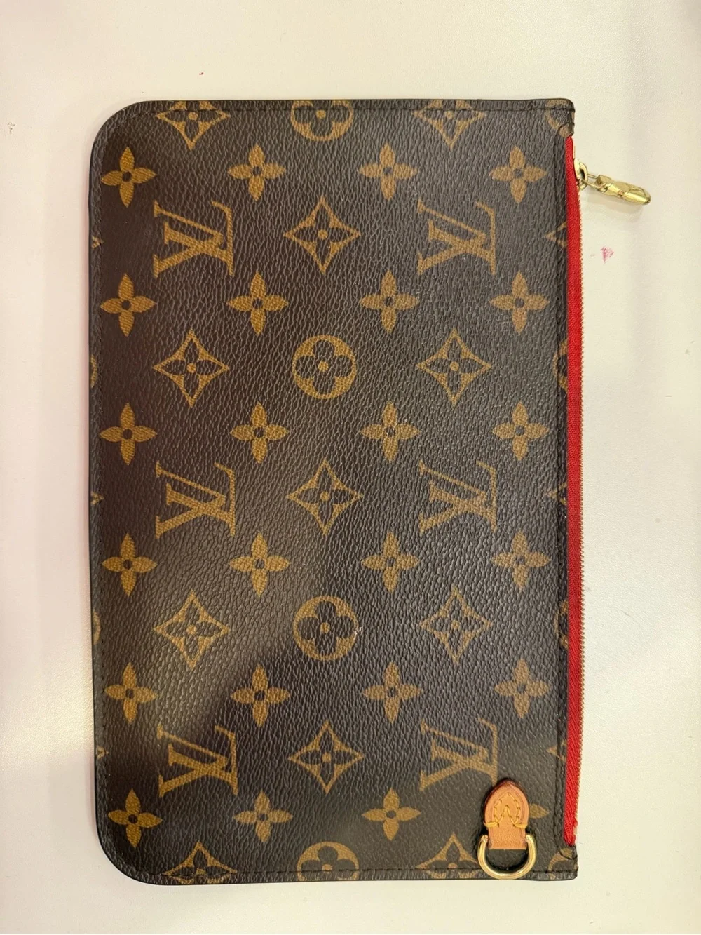 Louis Vuitton Brown Monogram Zip Pouch with Red Trim and Gold Hardware